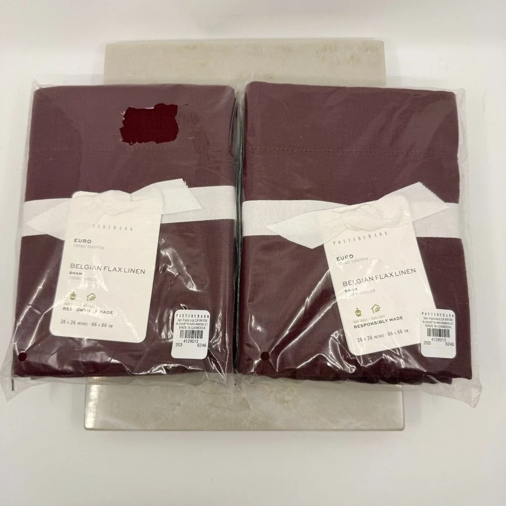 Pottery Barn Belgian Flax Linen Merlot Set Of Two Euro Shams Luxury Natural